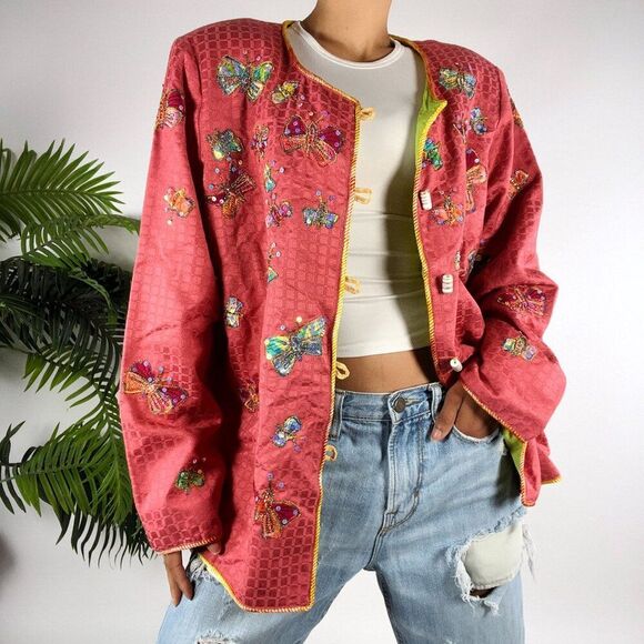 Vintage 90s Indigo Moon Pink Embroidered Butterfly Bohemian Oversized Jacket / L - Picture 3 of 6